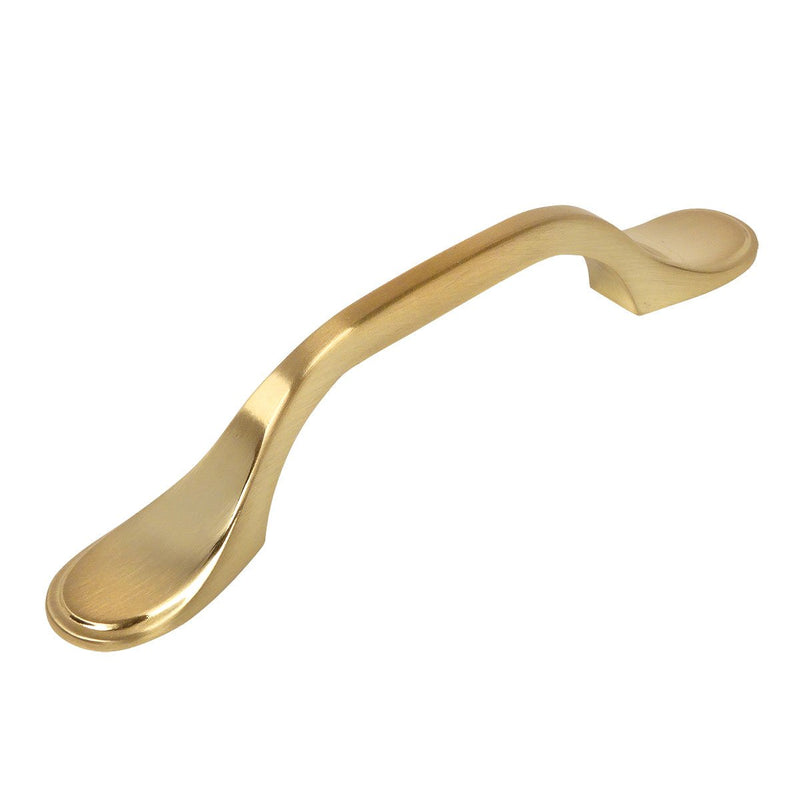 Brushed brass cabinet drawer pull with slim handle and flare at ends