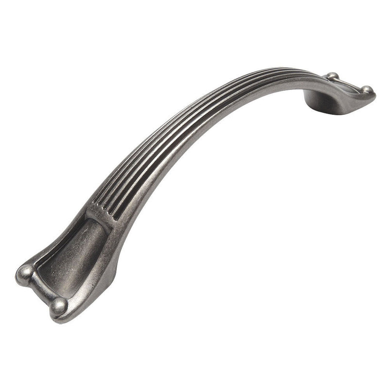 Three and three quarters inch hole spacing cabinet handle pull in weathered nickel finish with roman design