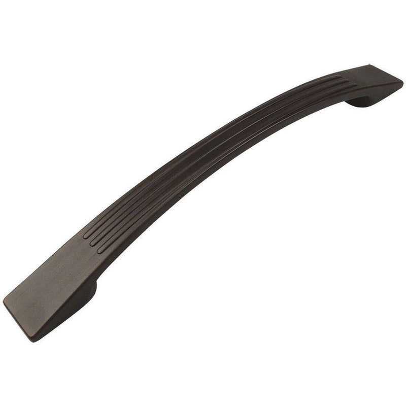 Six and five sixteenths inch hole spacing drawer pull in oil rubbed bronze finish with lines texture