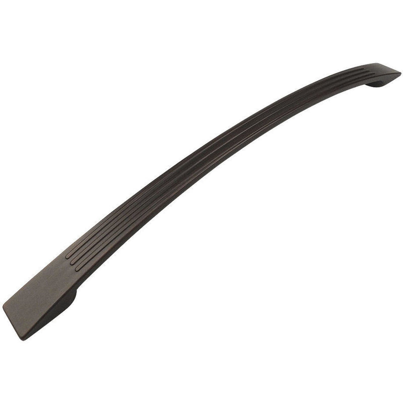 Slim cabinet pull in oil rubbed bronze finish with ten and one sixteenth inch hole spacing and lines texture