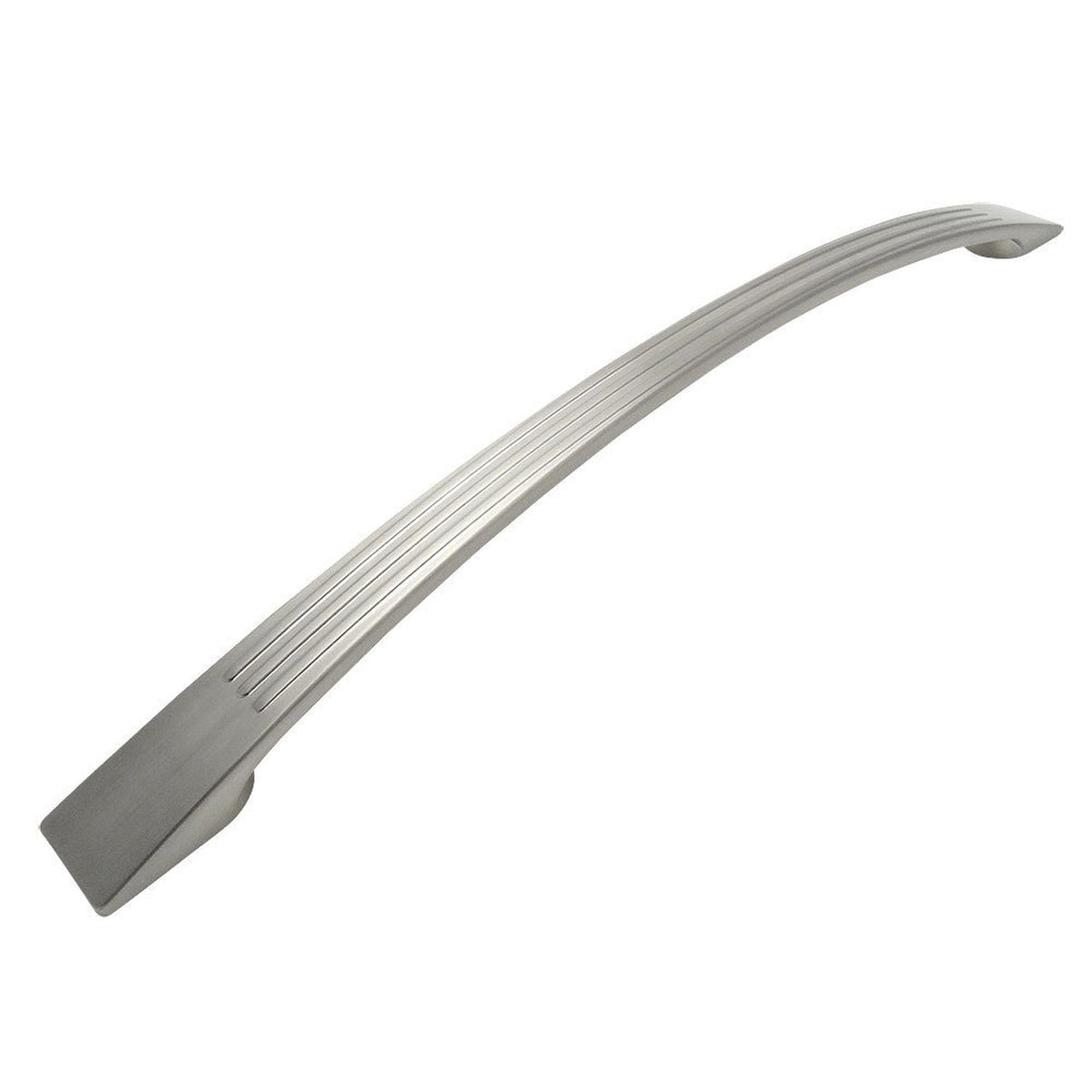 Satin nickel cabinet pull with three lines texture and ten and one sixteenth inch hole spacing