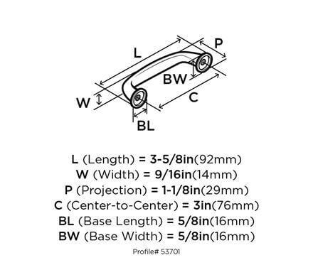 Diagram of dimensions of cabinet pull in weathered nickel finish with round legs and subtle flat handle