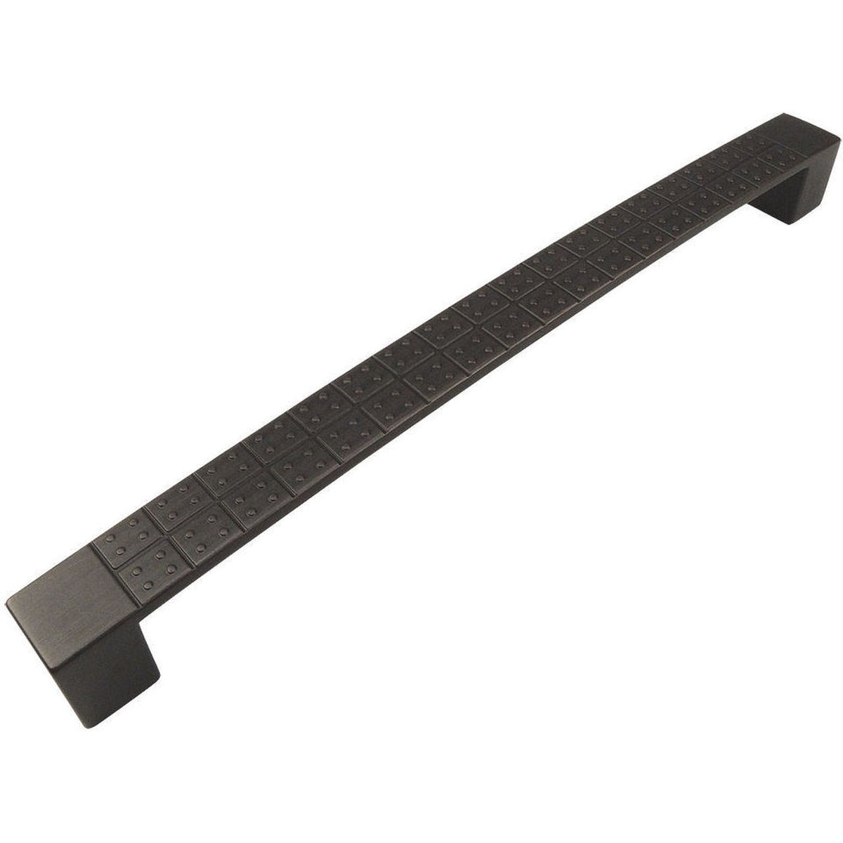 Drawer pull in oil rubbed bronze finish with sturdy look and holes on the surface