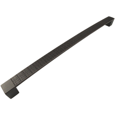 Cabinet drawer pull in oil rubbed bronze finish with holes on surface and square edge