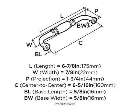Diagram of dimensions of six and five sixteenths inch hole spacing drawer pull with barrel grip
