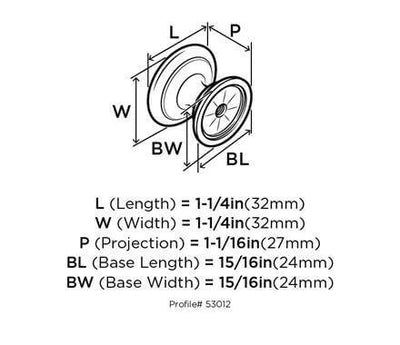 Diagram of dimensions of oil rubbed bronze cabinet knob with slim ring accent and lighter colour on below