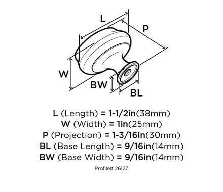 Diagram of dimensions of furniture knob in satin nickel finish with oval shape and raised edges