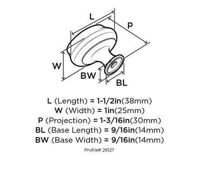 Diagram of dimensions of furniture knob in satin nickel finish with oval shape and raised edges