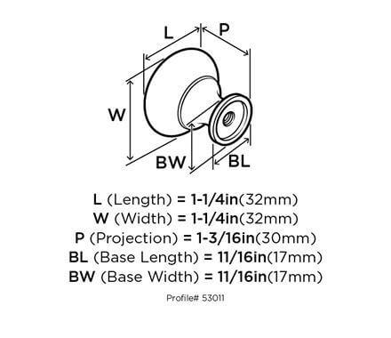 Diagram of dimensions of furniture knob in satin nickel finish with a ring accent and one and a quarter inch diameter