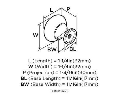 Diagram of dimensions of one and a quarter inch diameter drawer knob in flat black finish with a ring accent