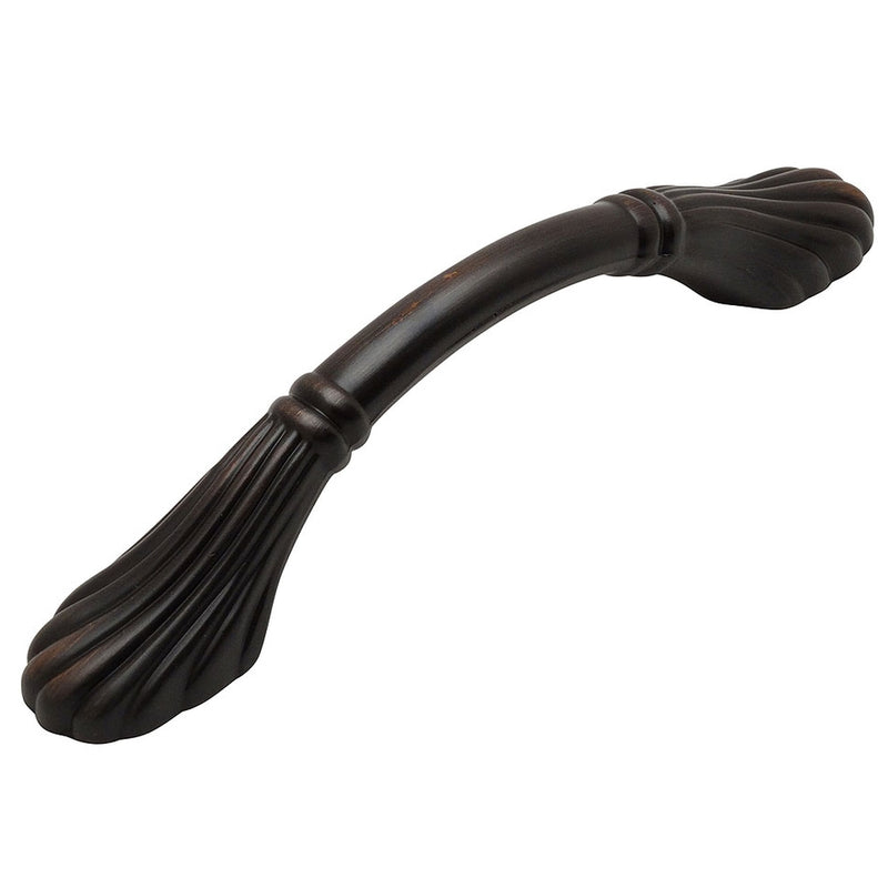Oil rubbed bronze drawer pull with seashell pattern and three and three quarters inch hole spacing