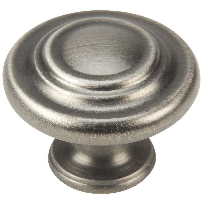 Antique silver cabinet knob with two raised rings on the centre and thicker subtle edges