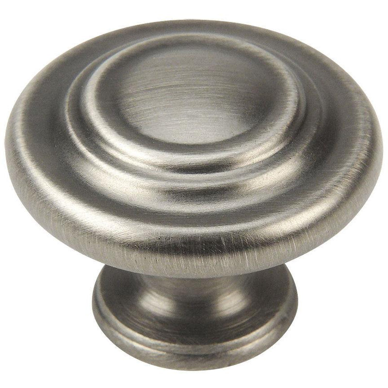 Antique silver cabinet knob with two raised rings on the centre and thicker subtle edges