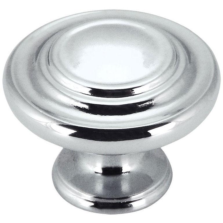 Polished chrome cabinet knob with two raised rings on the centre and one and a quarter inch diameter