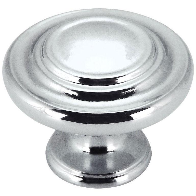 Polished chrome cabinet knob with two raised rings on the centre and one and a quarter inch diameter