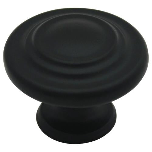 Round cabinet drawer knob in flat black finish with two raised rings on the face and one and a quarter inch diameter
