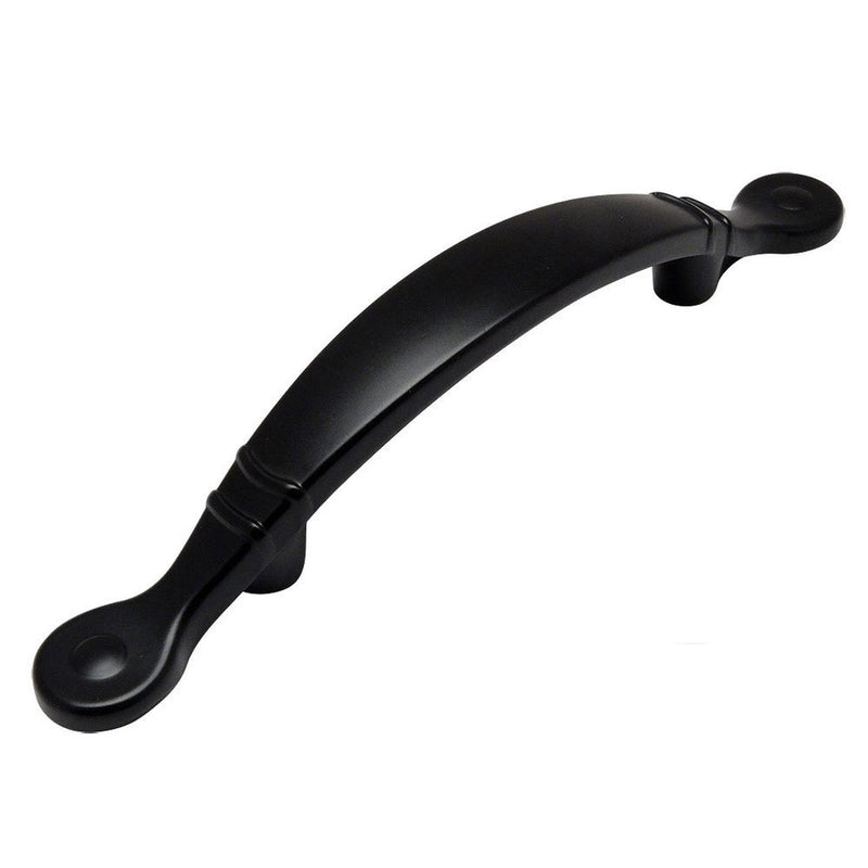 Three inch hole spacing cabinet pull with flat black finish and circle shape at the ends