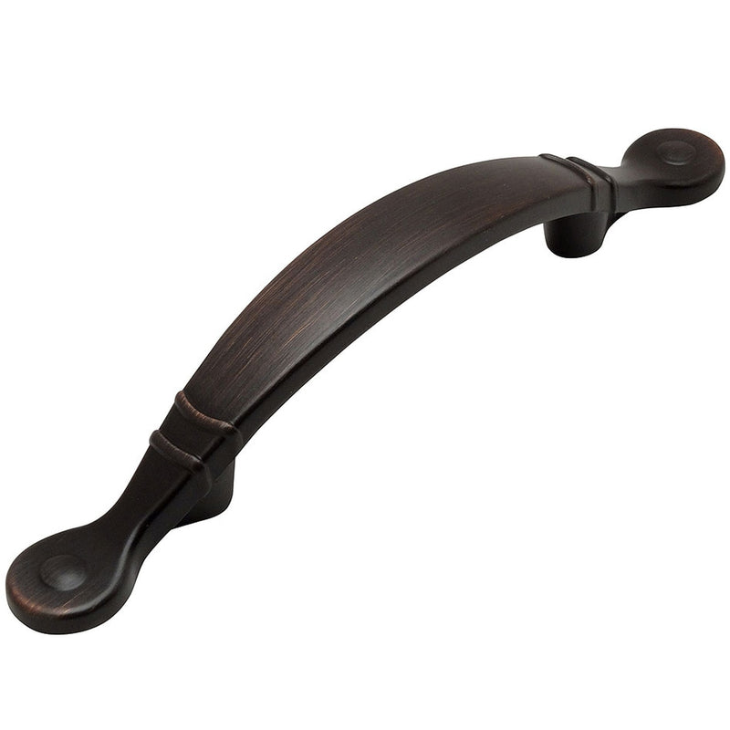 Oil rubbed bronze cabinet pull with circle shape at the ends and three inch hole spacing