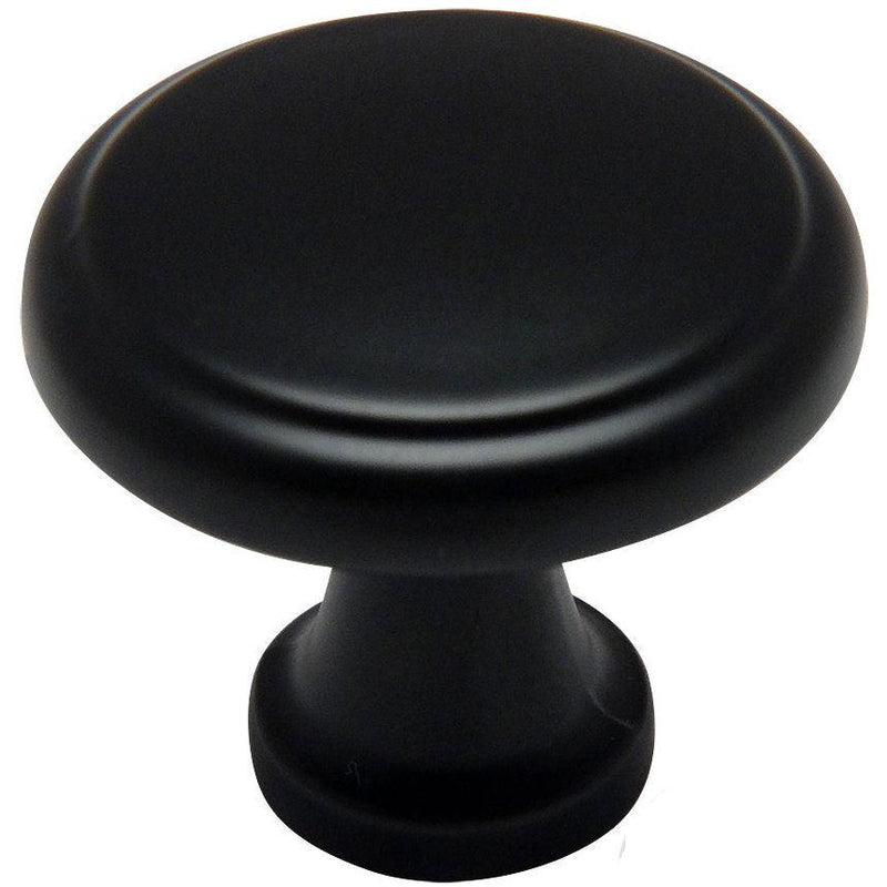 Round cabinet knob in flat black finish with slightly raised centre design