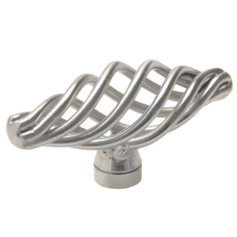 Oval drawer knob in satin nickel finish with birdcage design and two and seven sixteenths inch length