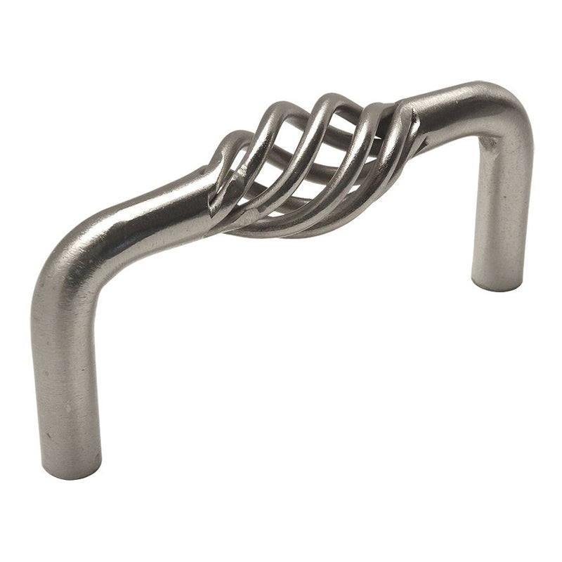 Three inch hole spacing drawer pull in satin nickel finish with birdcage design