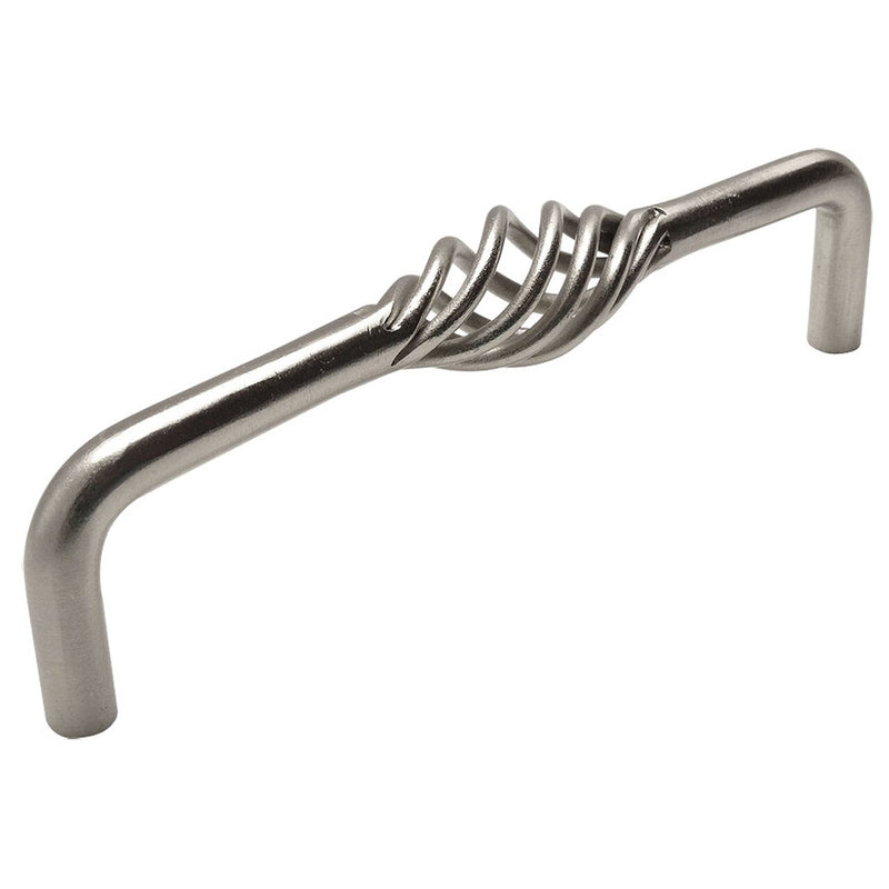Satin nickel cabinet drawer pull with birdcage design and five inch hole spacing