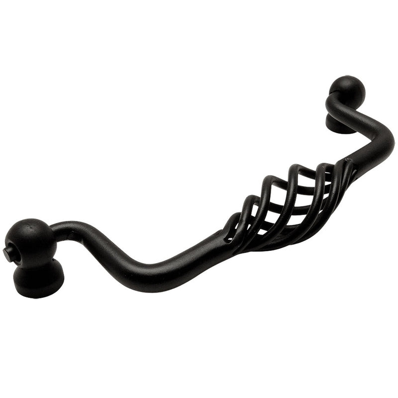 Birdcage drawer pull in flat black finish with five inch hole spacing