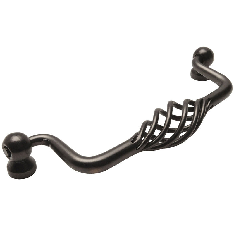 Oil rubbed bronze cabinet pull with birdcage design and five inch hole spacing