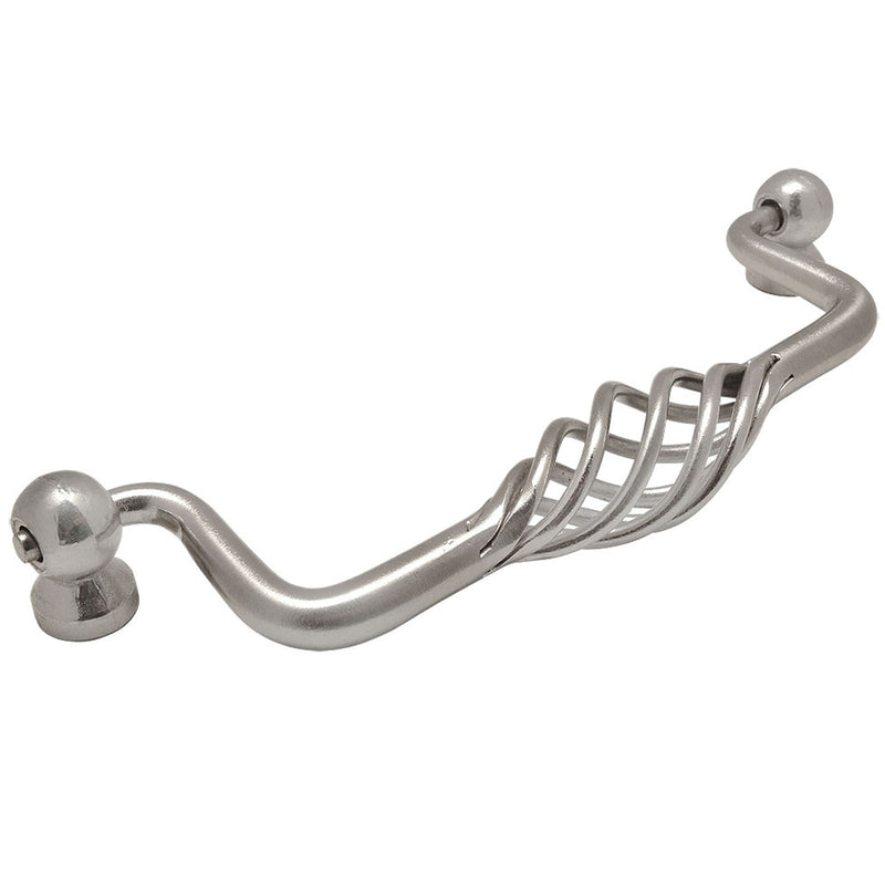 Satin nickel drawer pull with birdcage design and five inch hole spacing