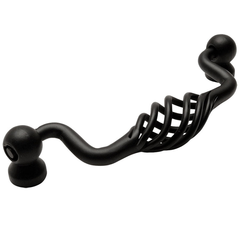 Flat black cabinet drawer pull with birdcage design and three and three quarters inch hole spacing