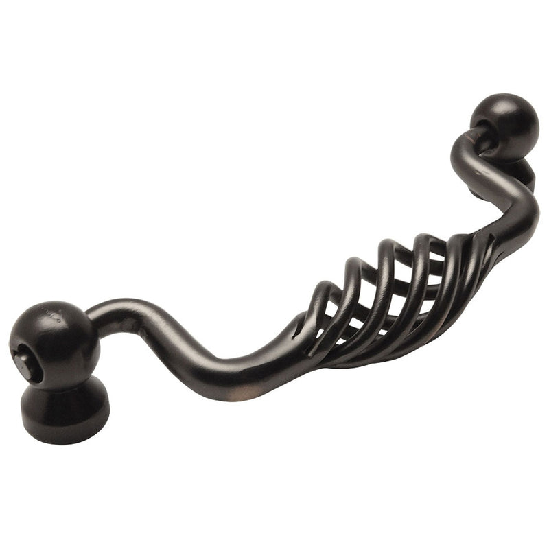 Cabinet handle pull with three and three quarters inch hole spacing and birdcage design