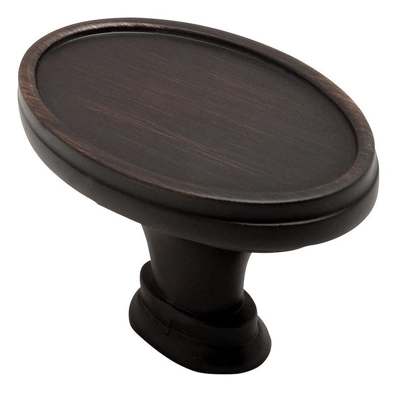 Oval cabinet knob in oil rubbed bronze finish with slightly thicker on the edges