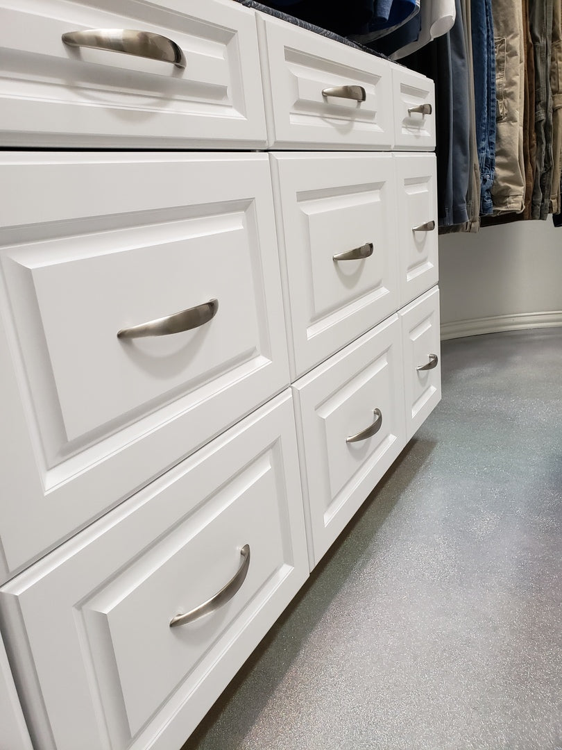 Modern arch cabinet pull - Cosmas 6003-96SN Satin Nickel on a white wardrobe in a dressing room closet walk in 