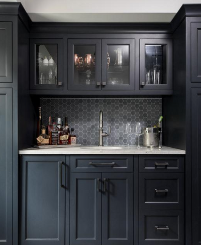 Midnight blue bar cabinet doors with the Cosmas 1481-96FB Flat Black Modern Contemporary Cabinet Pulls 
