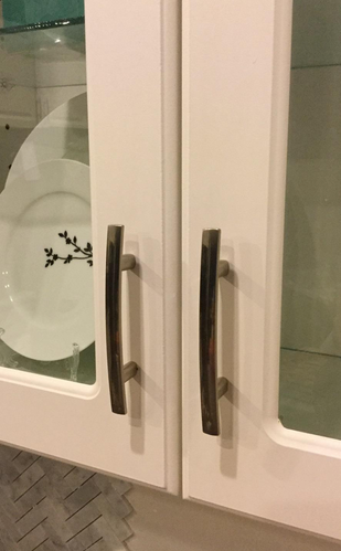 Cosmas 2363-3SN Satin Nickel Subtle Arch Cabinet Pull on white kitchen cabinets