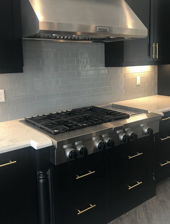 Cosmas 305-128BB Brushed Brass Euro Style Bar Pull black kitchen gray subway tile