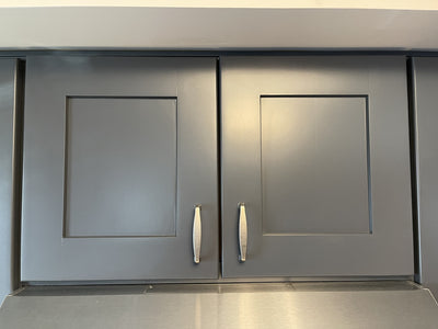 Slate gray shaker cabinets with the weathered nicke Cosmas 4392-128 5&quot; cabinet pulls