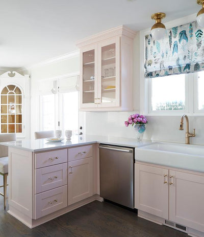 pink kitchen featuring Cosmas 6393BB-C Brushed Brass with Clear Glass Cabinet Pull glass pulls