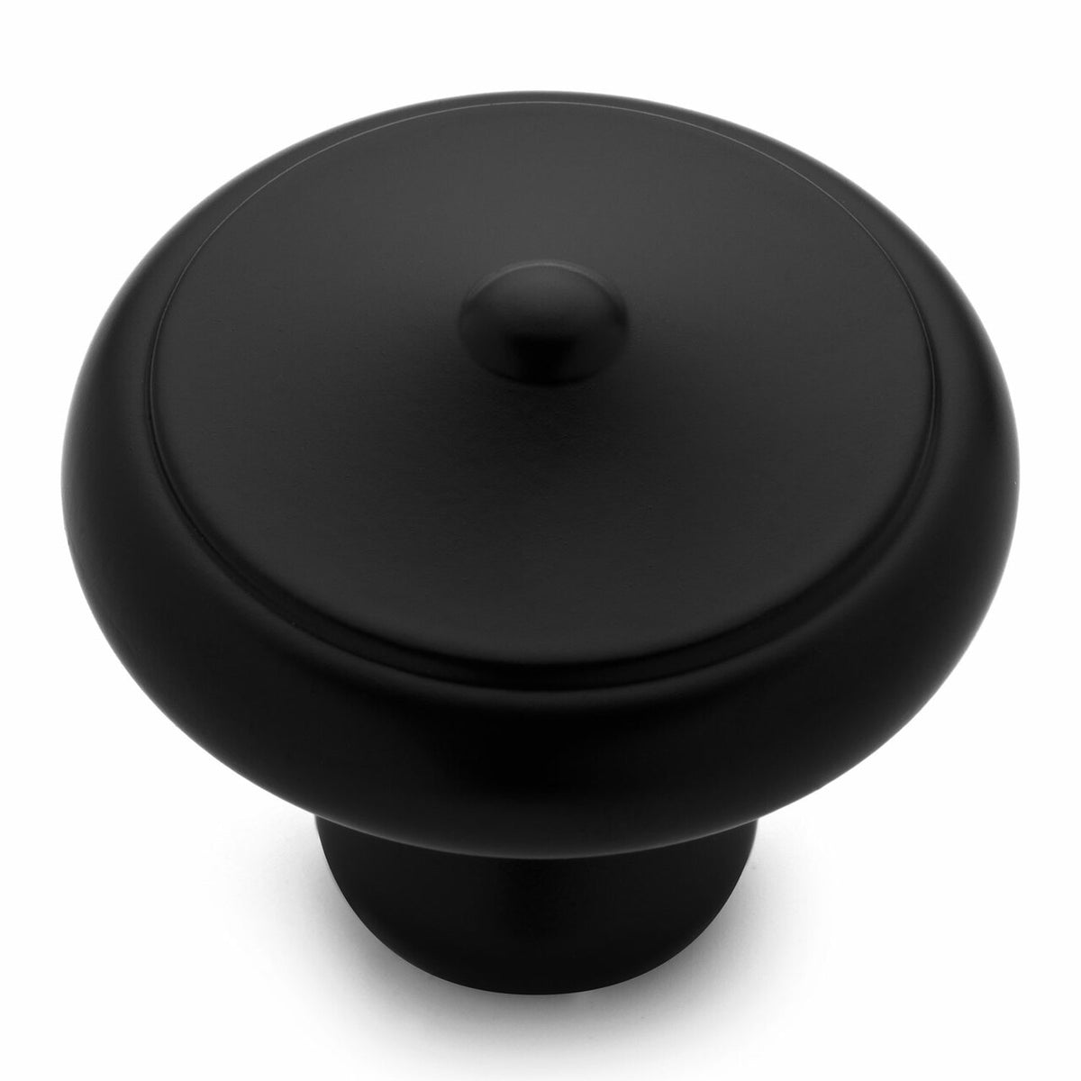 A flat black decorative oversized cabinet knob.