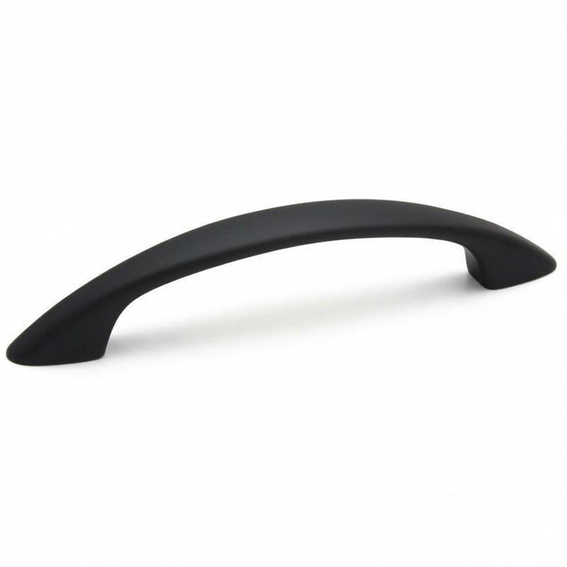 Subtle arched cabinet pull in flat black finish with three inch hole spacing