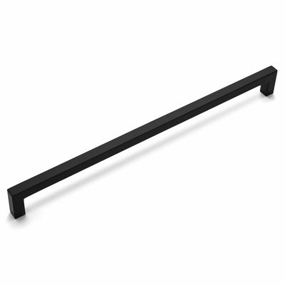 A flat black metal cabinet pull by Cosmas against a white background.