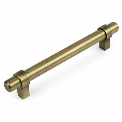 Brushed antique brass euro style bar pull with six and five sixteenths inch hole spacing