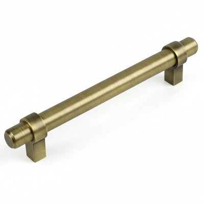 Brushed antique brass euro style bar pull with seven and a half inch hole spacing