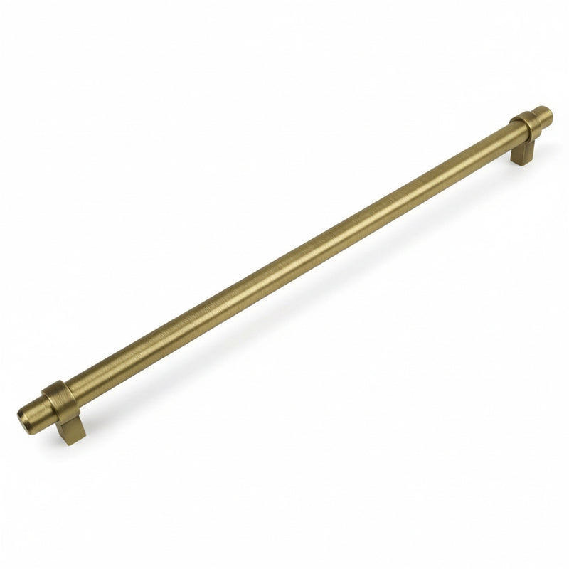 Brushed antique brass euro style bar pull with eight and seven eighths inch hole spacing