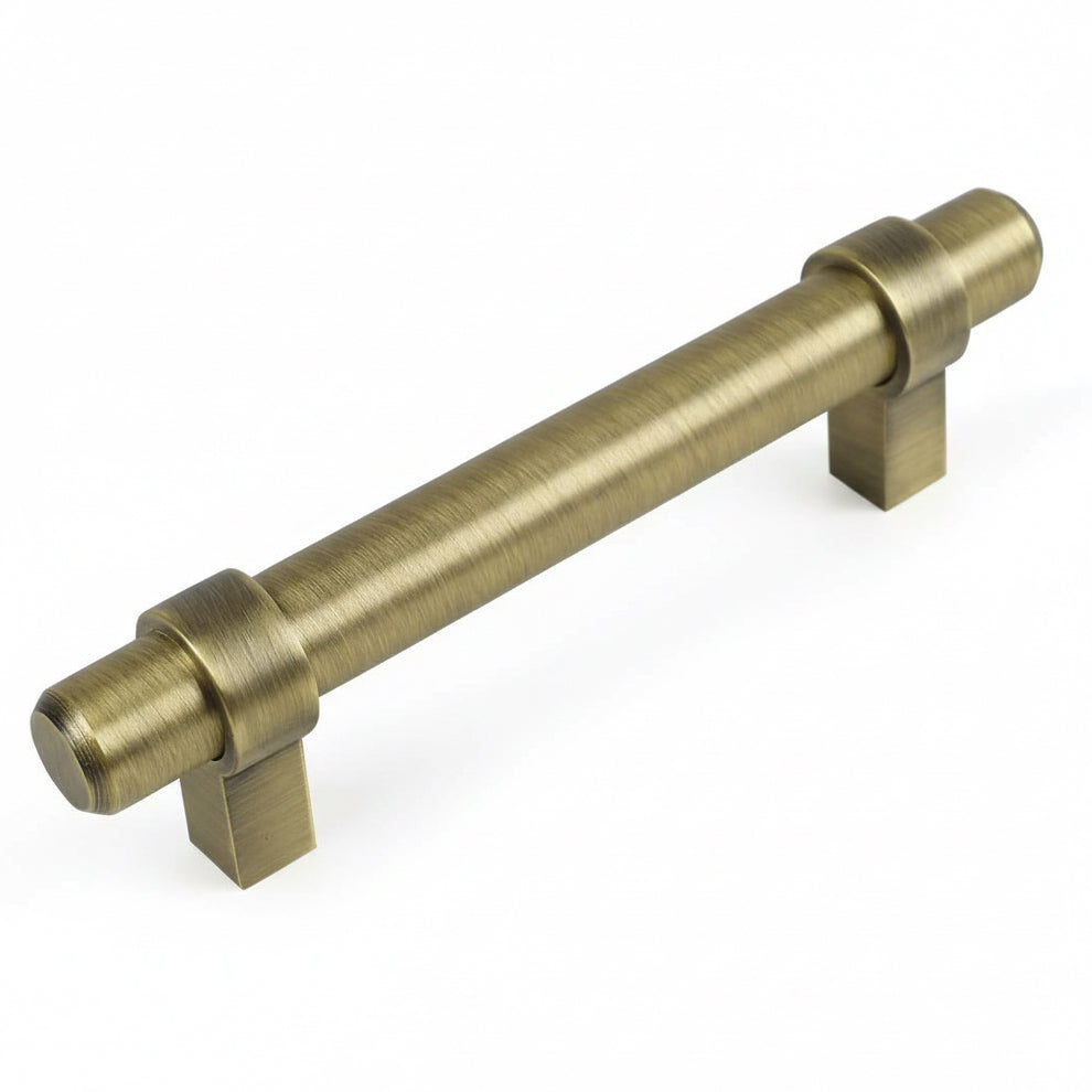 Brushed antique brass euro style bar pull with three and a half inch hole spacing