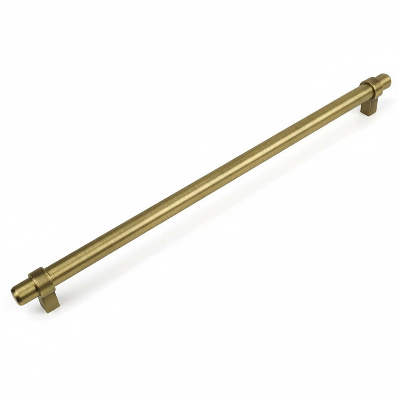 Brushed antique brass euro style bar pull with twelve and five eighths inch hole spacing