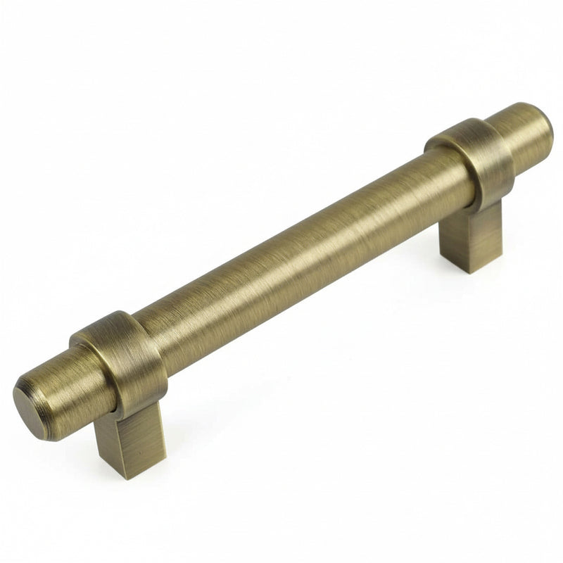 Brushed antique brass euro style bar pull with three inch hole spacing