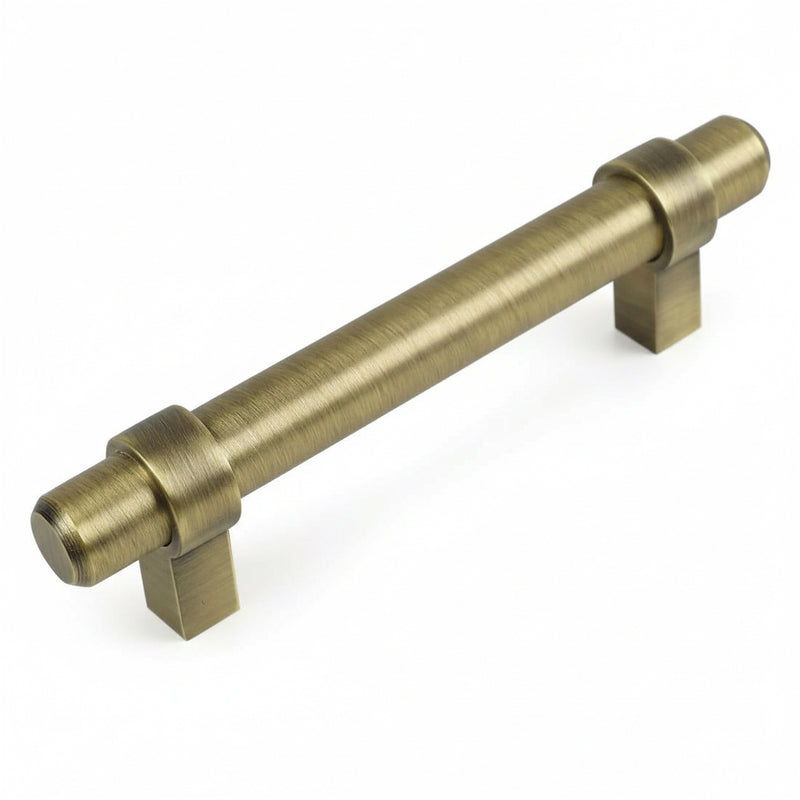 Brushed antique brass euro style bar pull with three and three quarters inch hole spacing