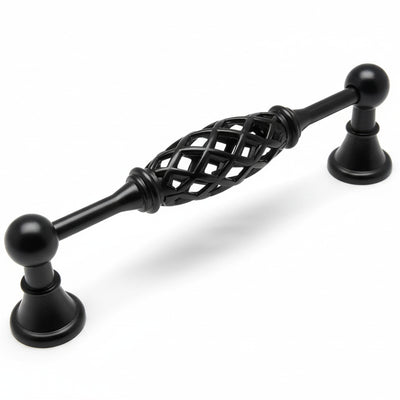 Birdcage cabinet pull in flat black finish with five inch hole spacing