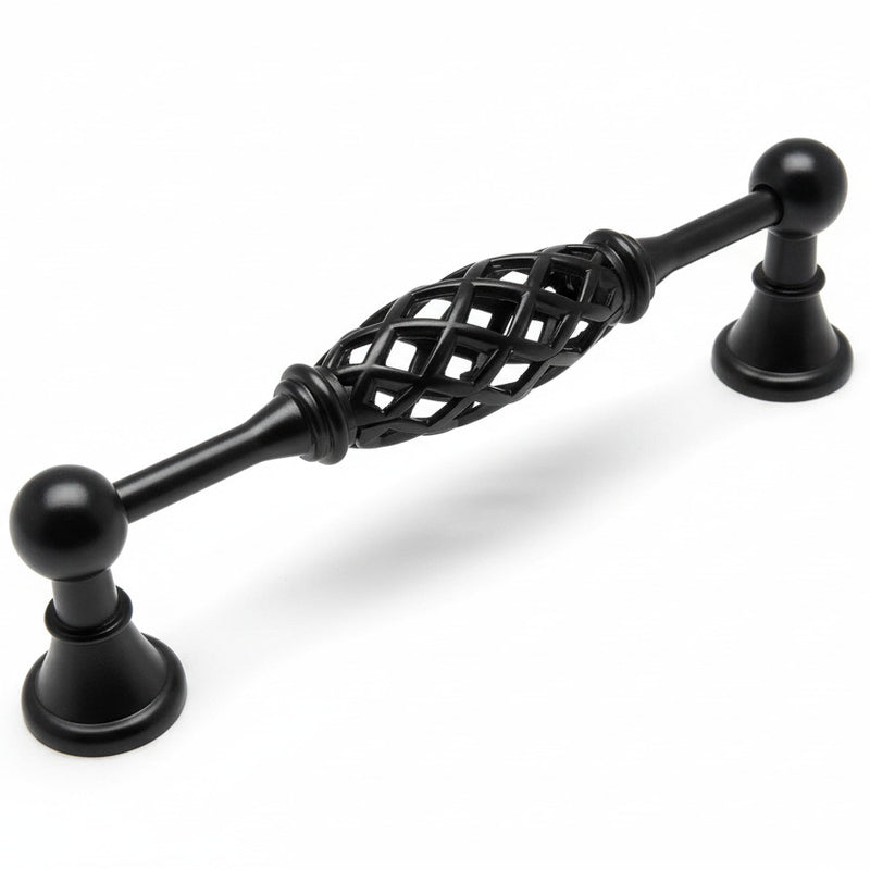 Birdcage cabinet pull in flat black finish with five inch hole spacing